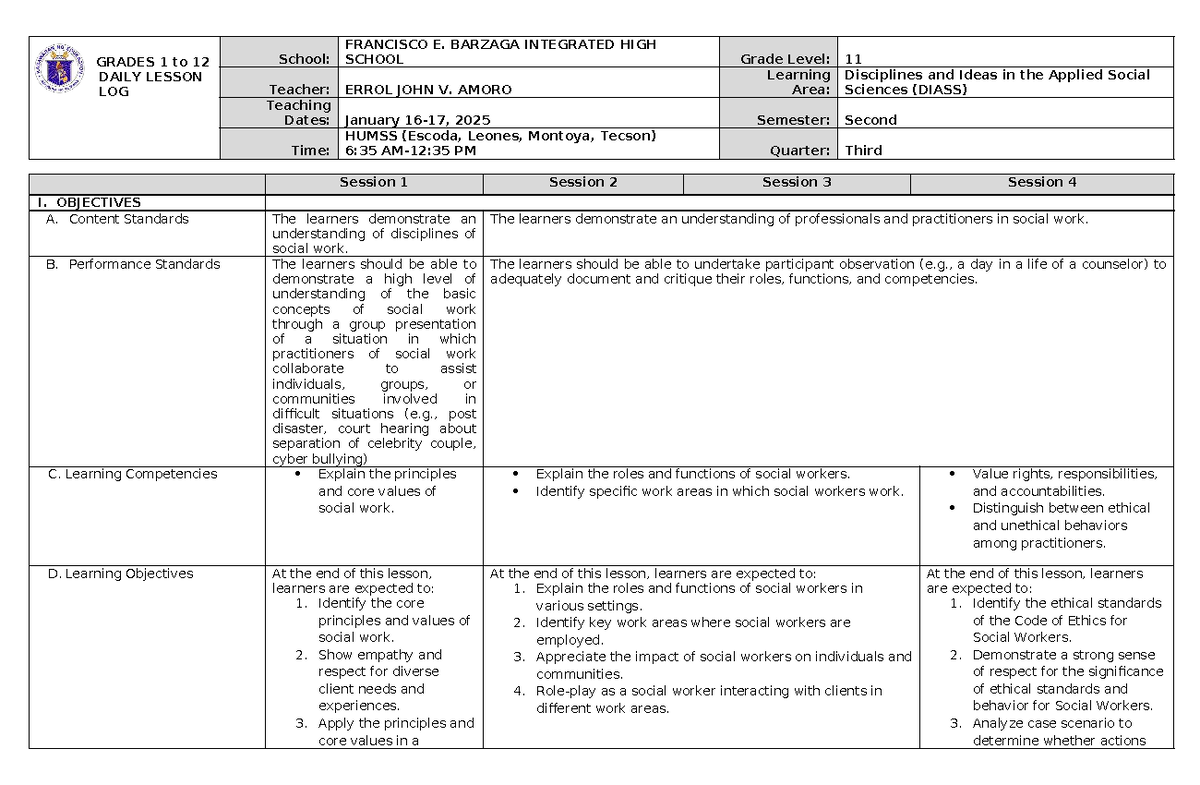The Discipline of Social Work (January 27-31) SDLP - GRADES 1 to 12 ...