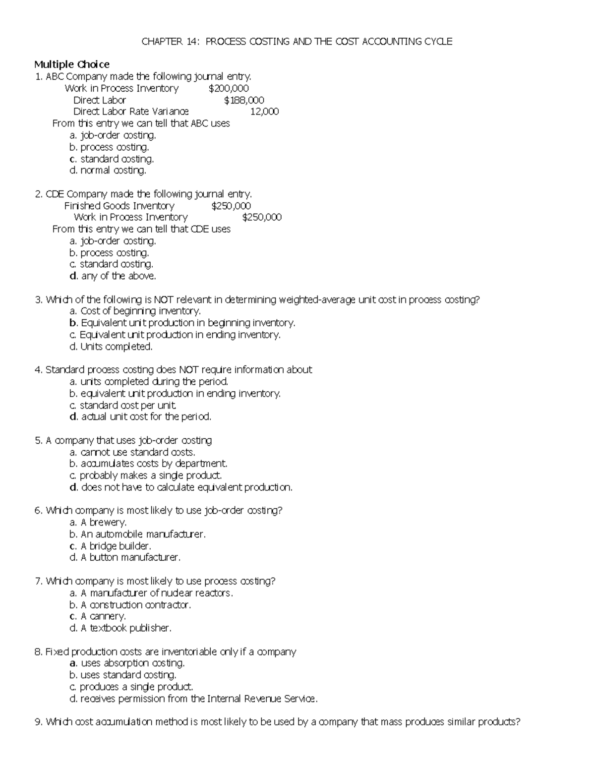 TB - Process Costing: Final Exam Review in Cost Accounting - Studocu