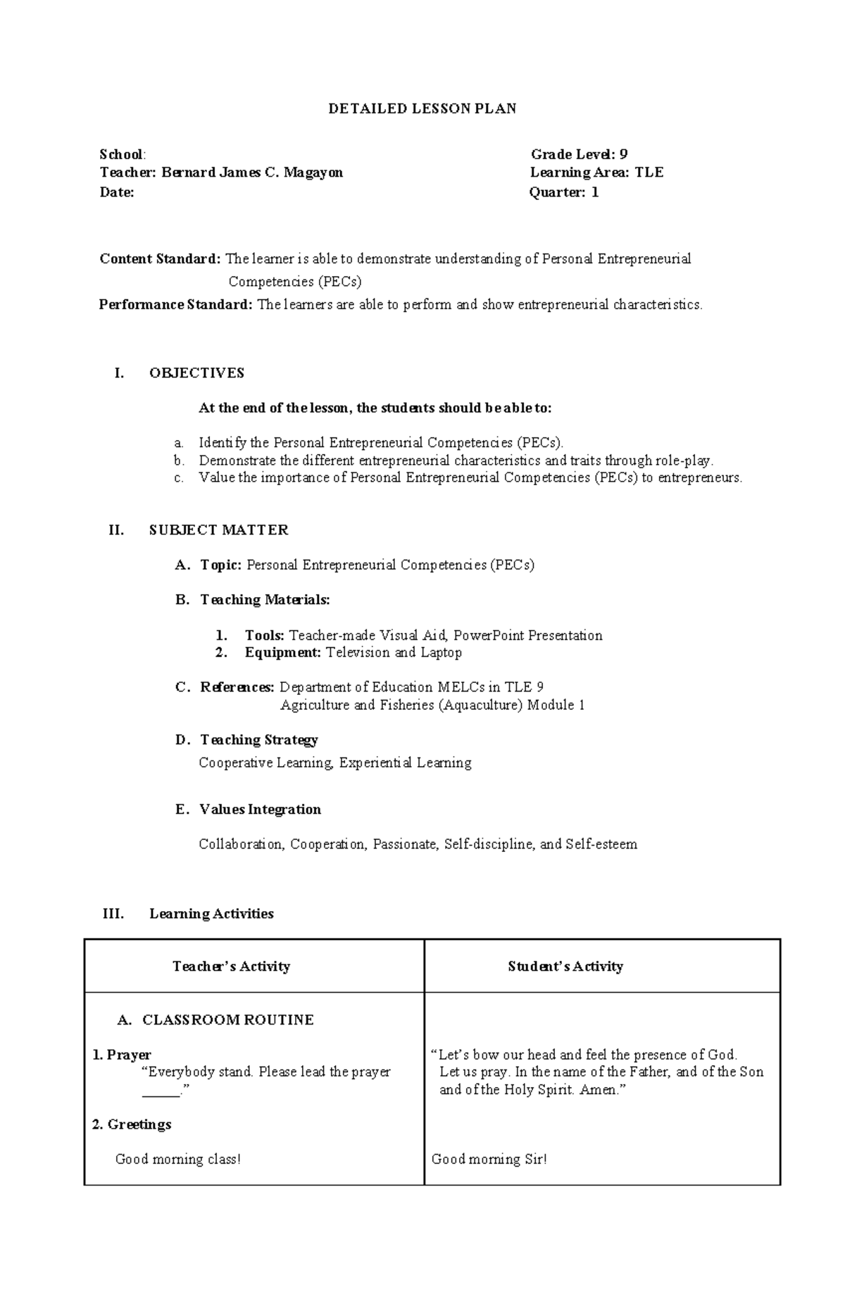 DLP TLE 9: Personal Entrepreneurial Competencies Lesson Plan - Studocu