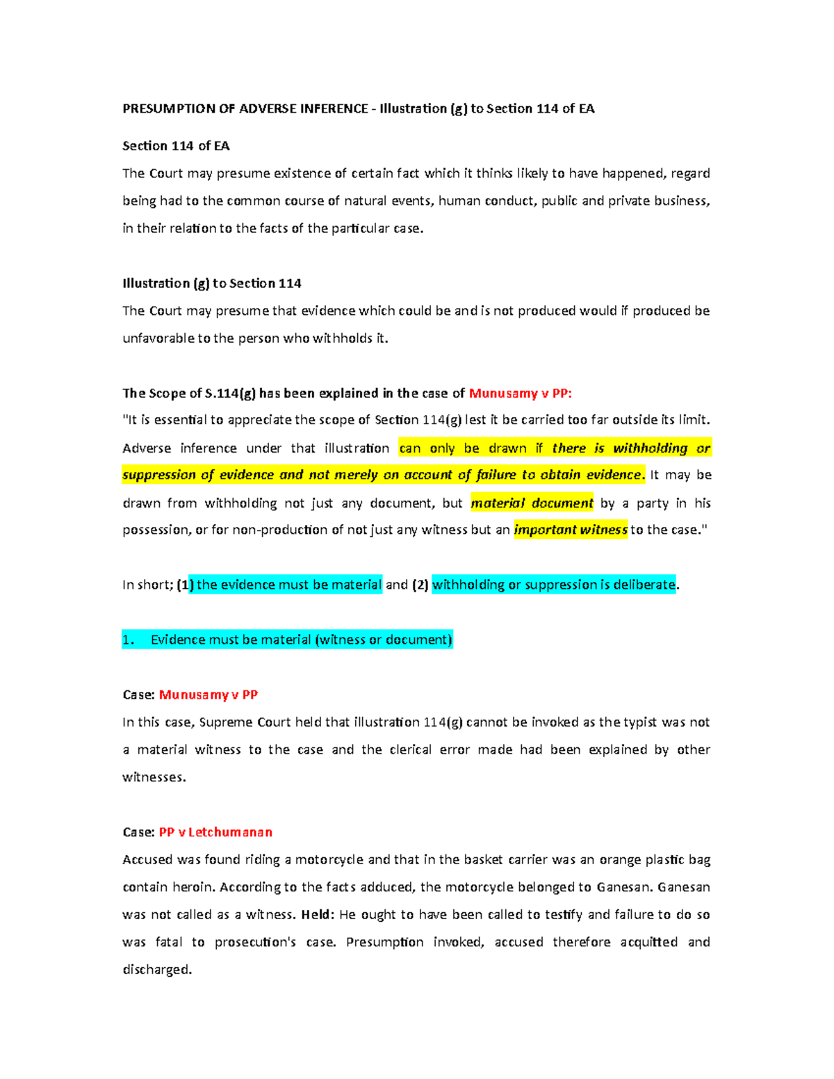 Presumption of Adverse Inference under Section 114 EA Explained - Studocu