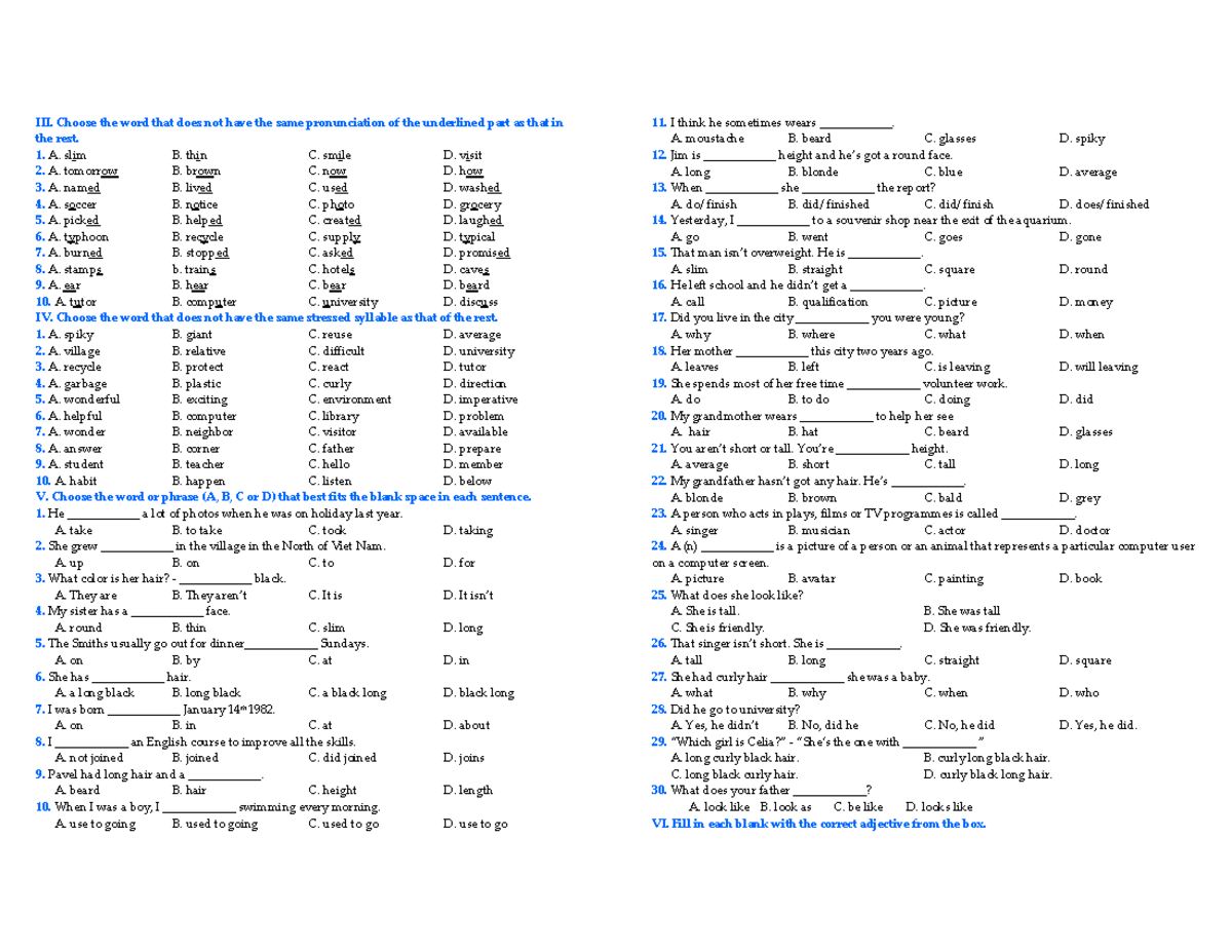 Unit 7 - HS - Pronunciation and Vocabulary Exercises - Studocu