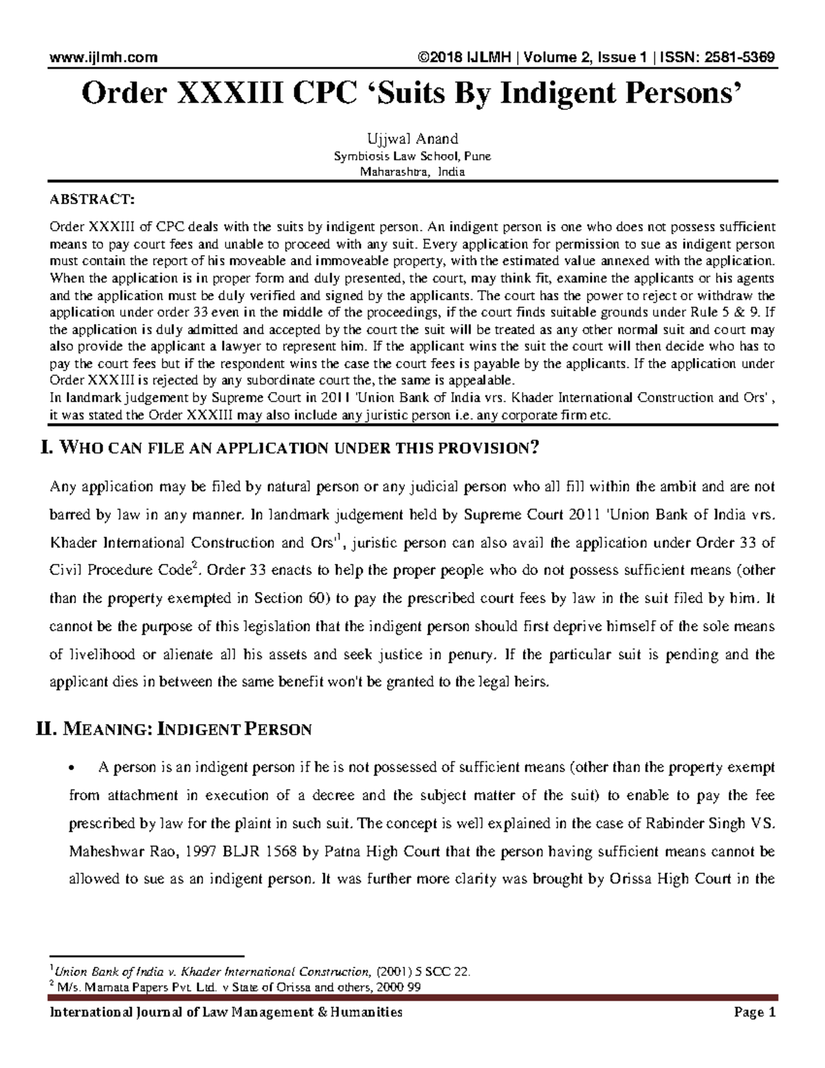 Order 33 CPC: Suits by Indigent Persons - IJLMH Vol 2, Issue 1 - Studocu