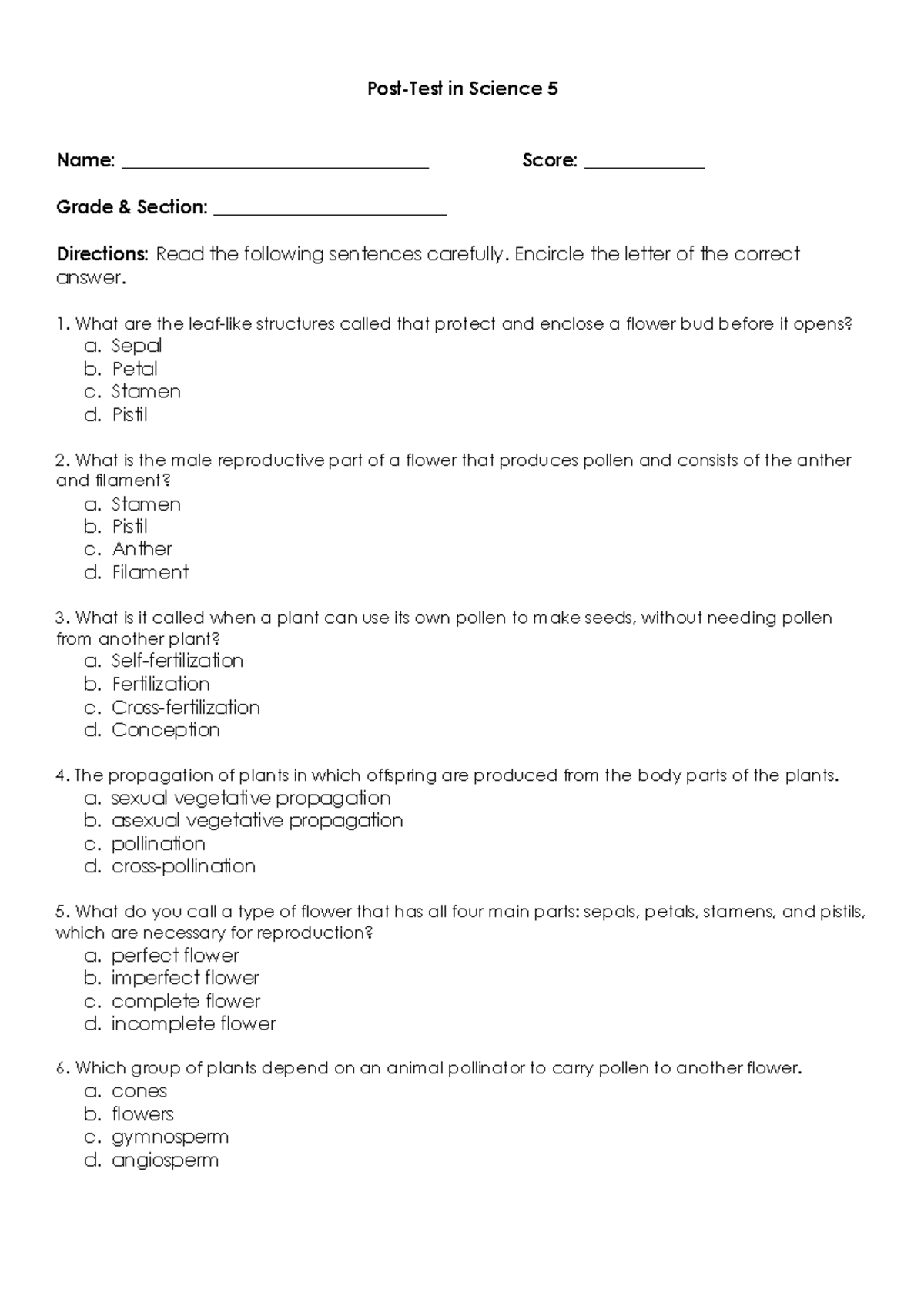 Posttest Science 5 - Post-Test in Science 5 Name ...