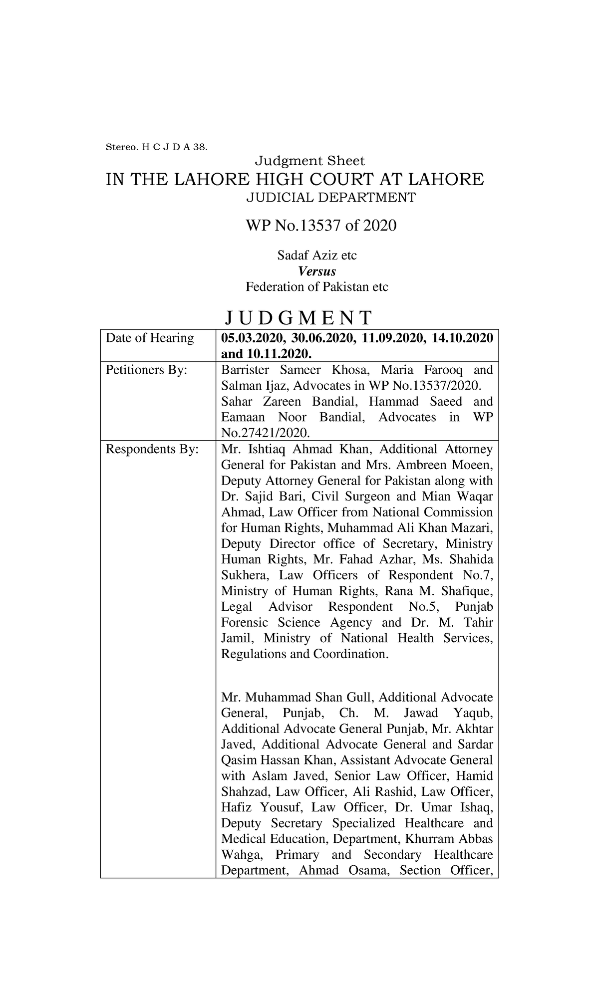 Judgment Sheet: WP No.13537 of 2020 - Sadaf Aziz vs. Federation of ...