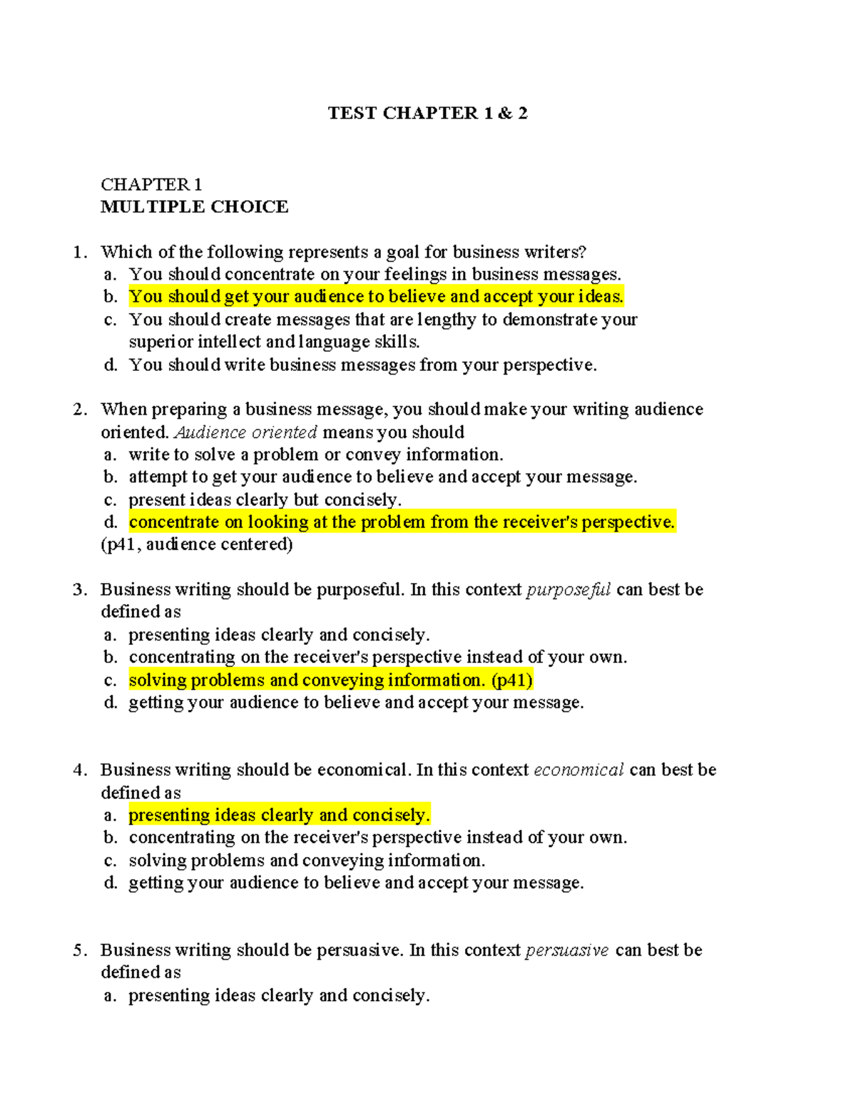 TEST Practice: Business Writing Concepts - Chapters 1 & 2 - Studocu