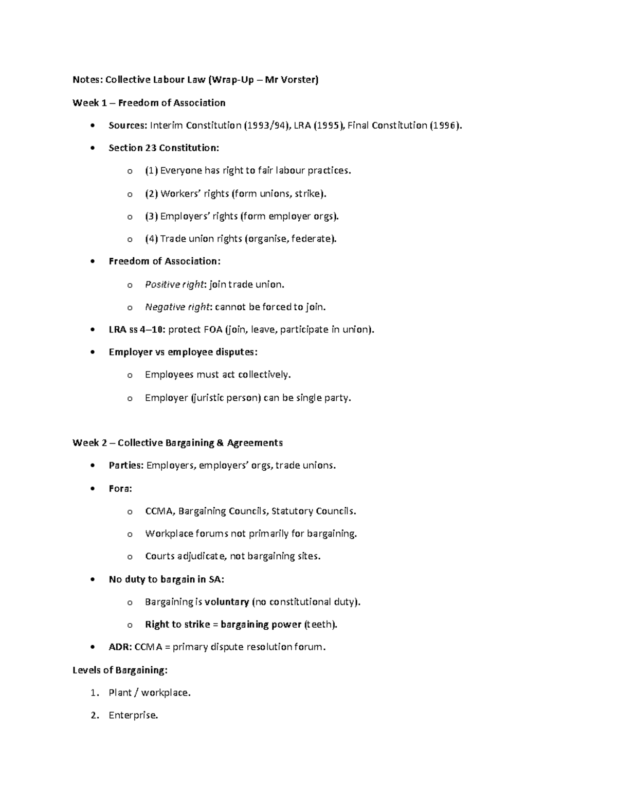 Collective Labour Law Cll Week 1 4 Summary Notes Studocu