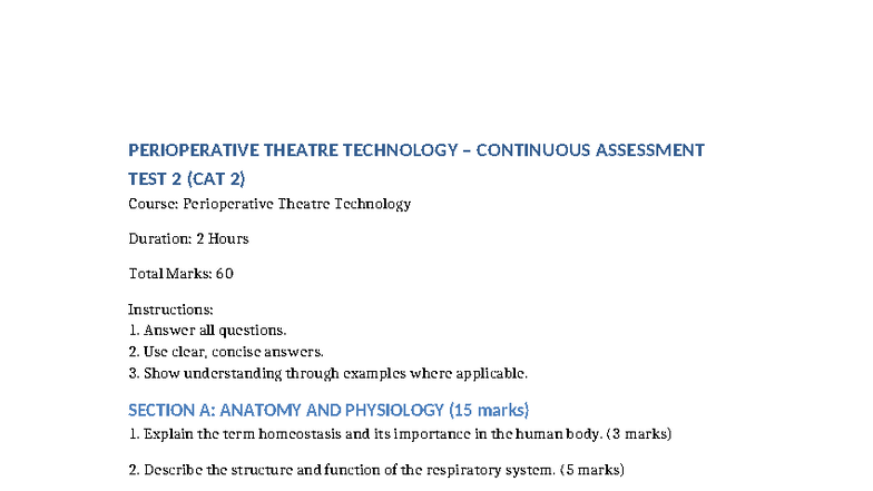 Perioperative Theatre Technology Continuous Assessment Test 2 (CAT 2 ...
