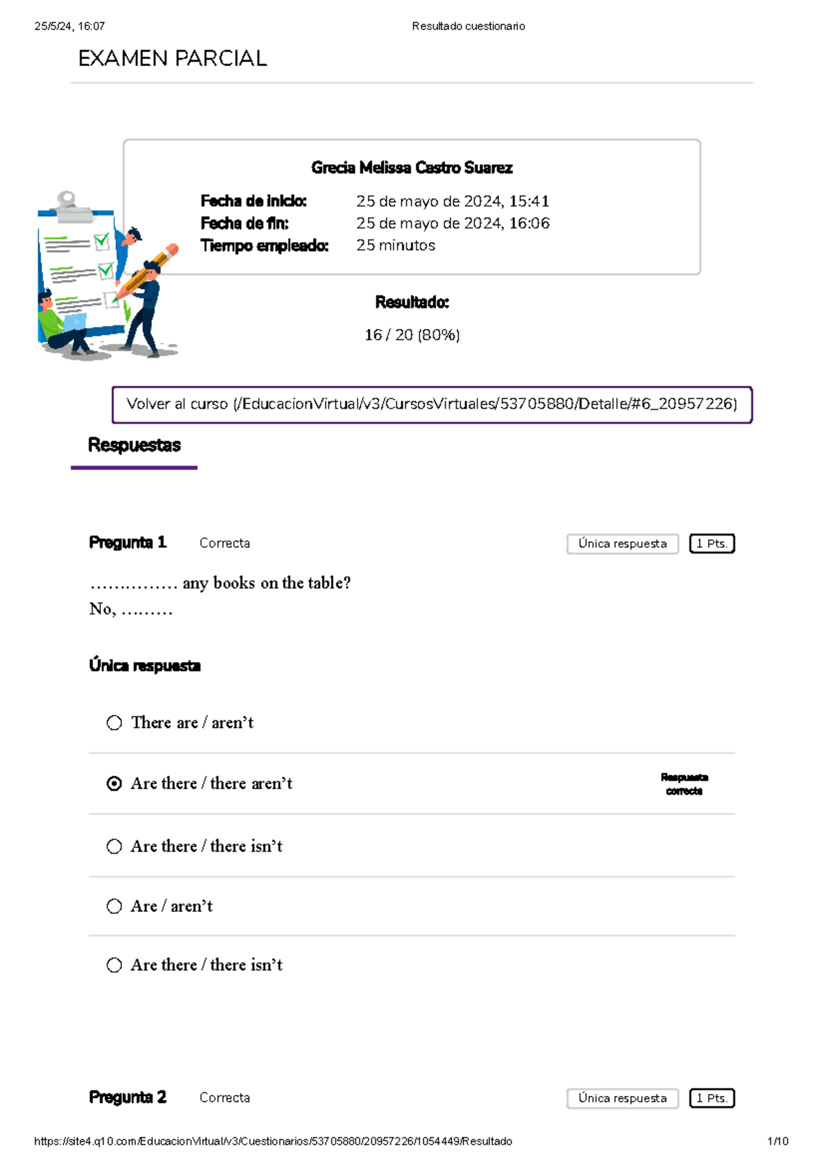 Ingles Examen Parcial: Respuestas y Resultados 80% - Document Preview