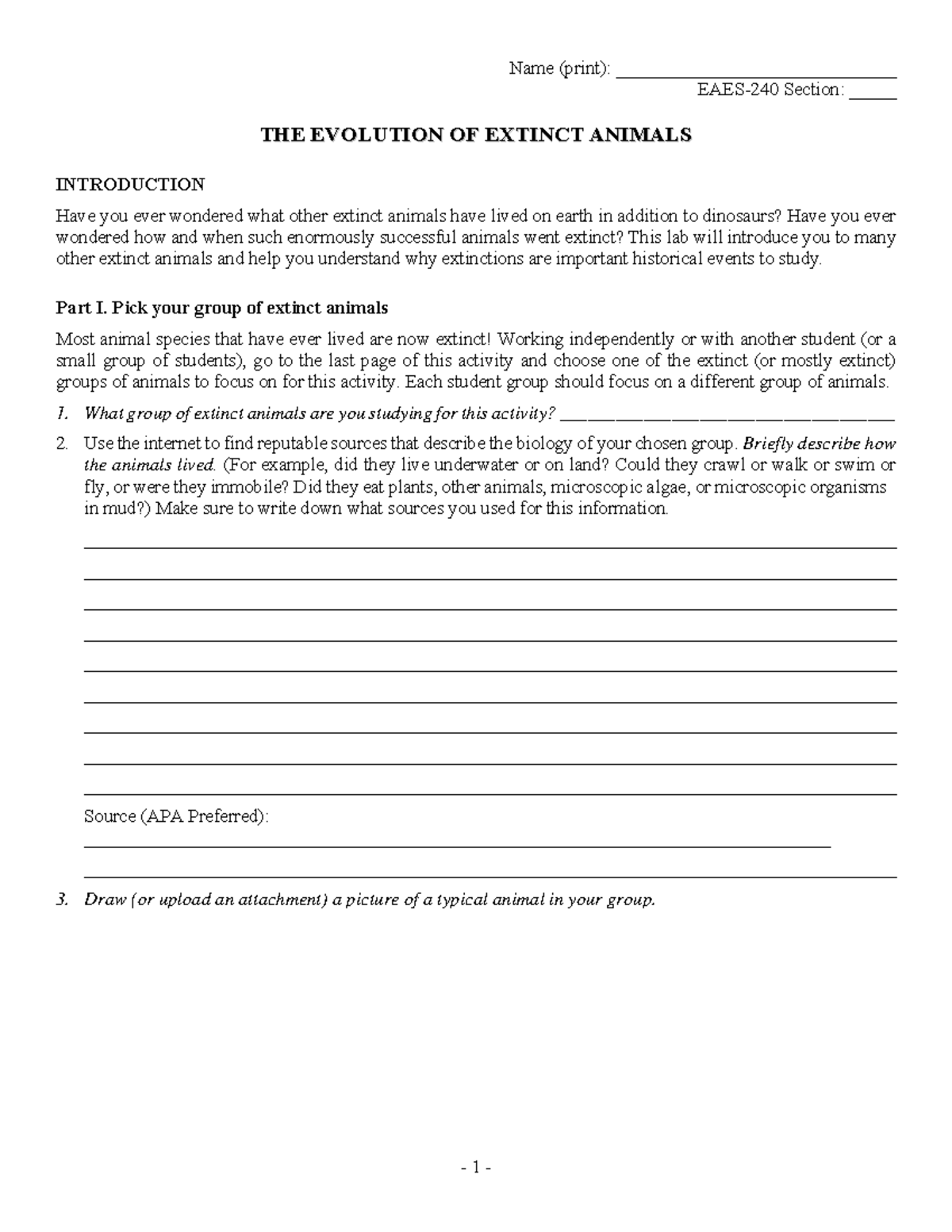 Lab7 - Evolution and Mass Extinctions - EAES-240 Section: _____ TTHHEE ...