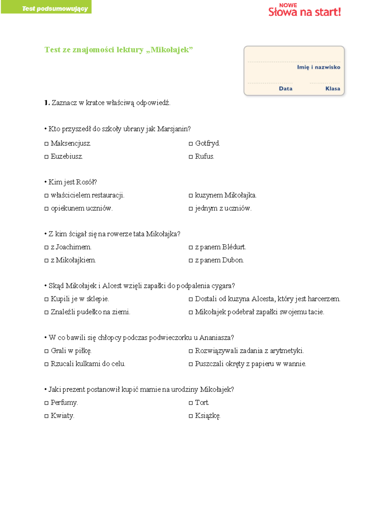 Mikołajek Sprawdzian Z Lektury Ogłaszamy