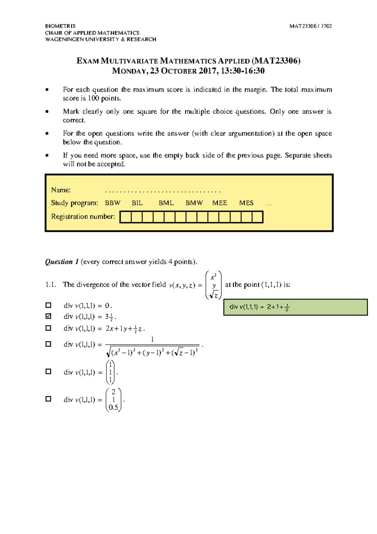 MMA 2017 Oefententamen - Multivariate Mathematics Applied (MAT23306 ...