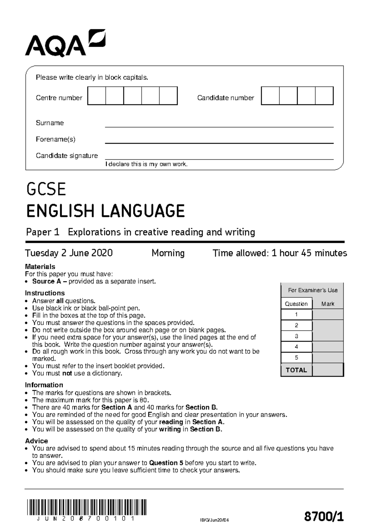 8700 1 QP GCSE English Language Paper - 2 June 2020 AM - Studocu