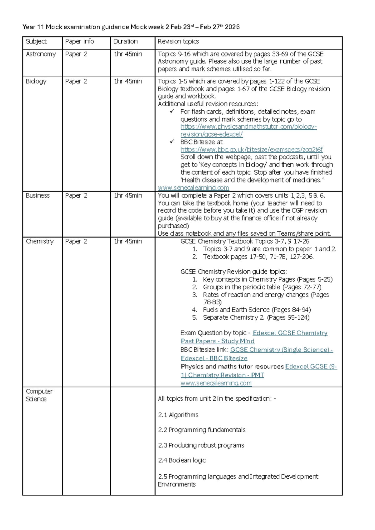 Y11 Mock Exam Guidance: Week 2 (Feb 23-27, 2026) - Studocu