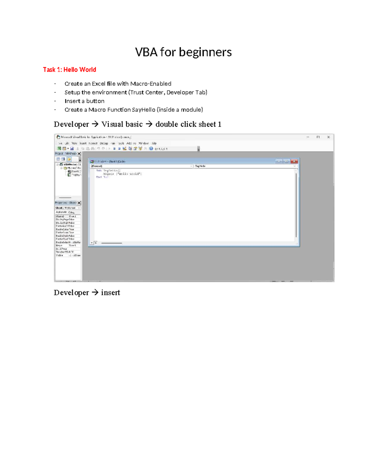 VBA for Beginners: Task 1 - Hello World & Basic Excel Macros - Studocu