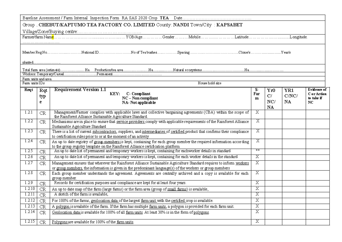 Baseline Assessment: RA SAS 2020 Internal Inspection Form for TEA Group ...