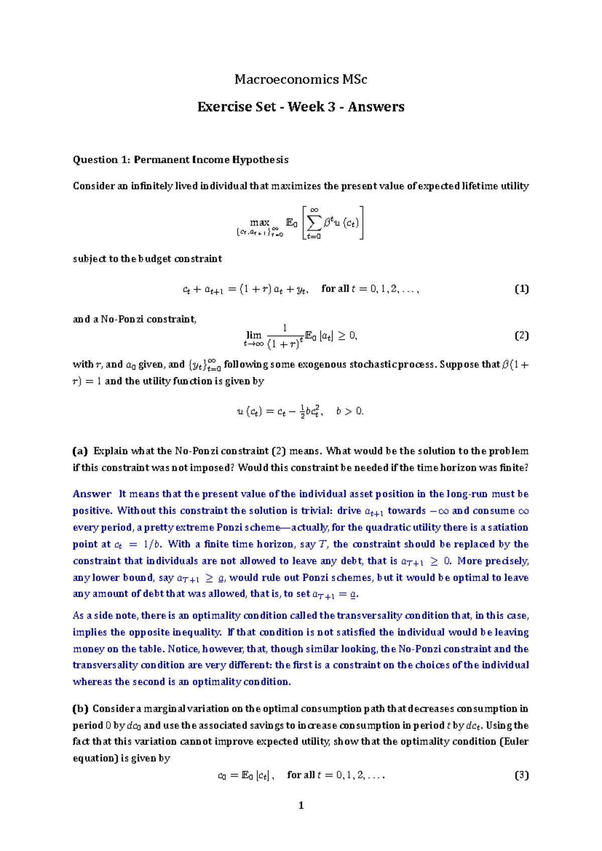 Macroeconomics MSc Exercise Set Week 3 Answers and Explanations ...