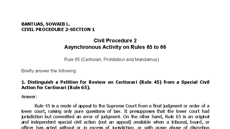 CIVIL PROCEDURE 1: Asynchronous Activity on Rules 65-66 - Studocu