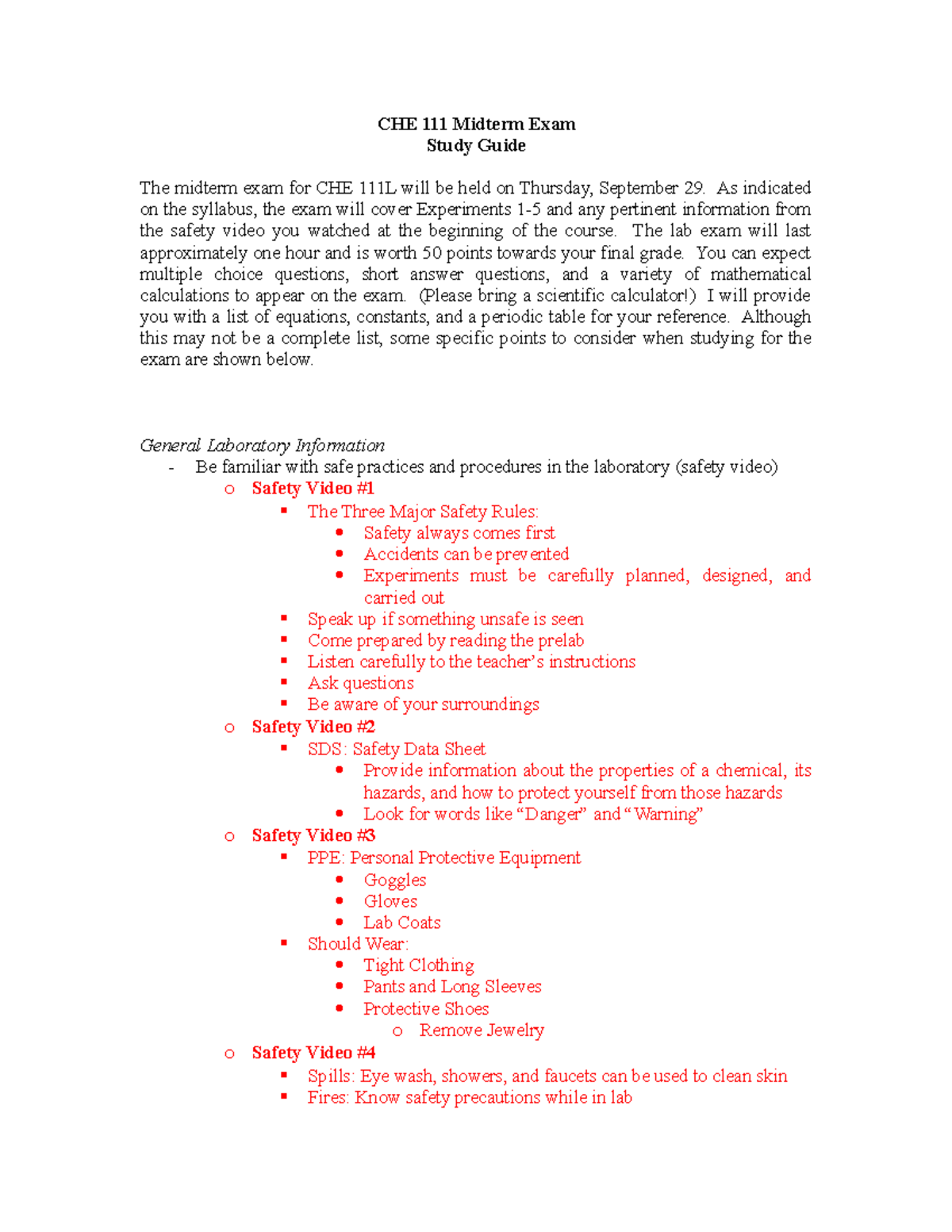 CHE 111 L - Midterm Exam Study Guide & Key Concepts - Studocu