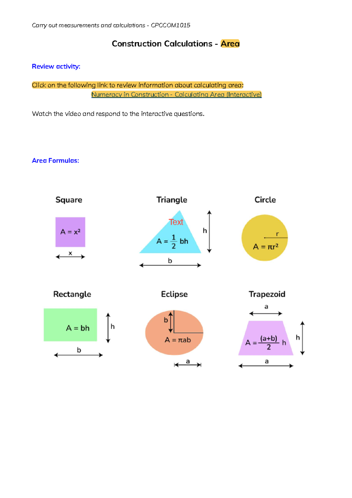 Construction Calculations - Area Review CPCCOM1015 - Studocu