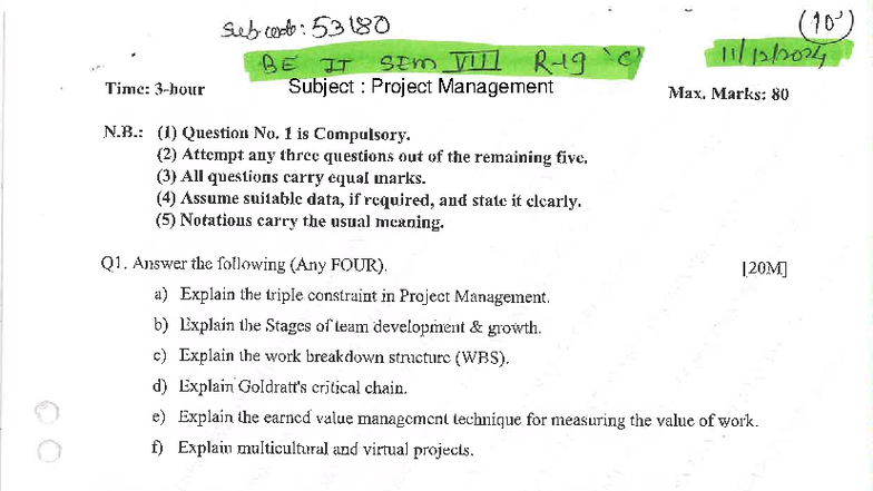 Project Management QP: Exam Questions & Key Concepts (53180) - Studocu