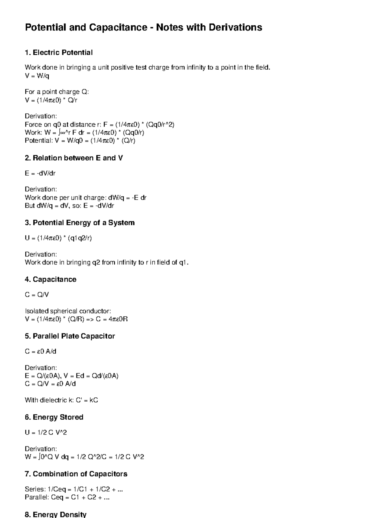 Potential and Capacitance Notes with Derivations CBSE2025 - Studocu