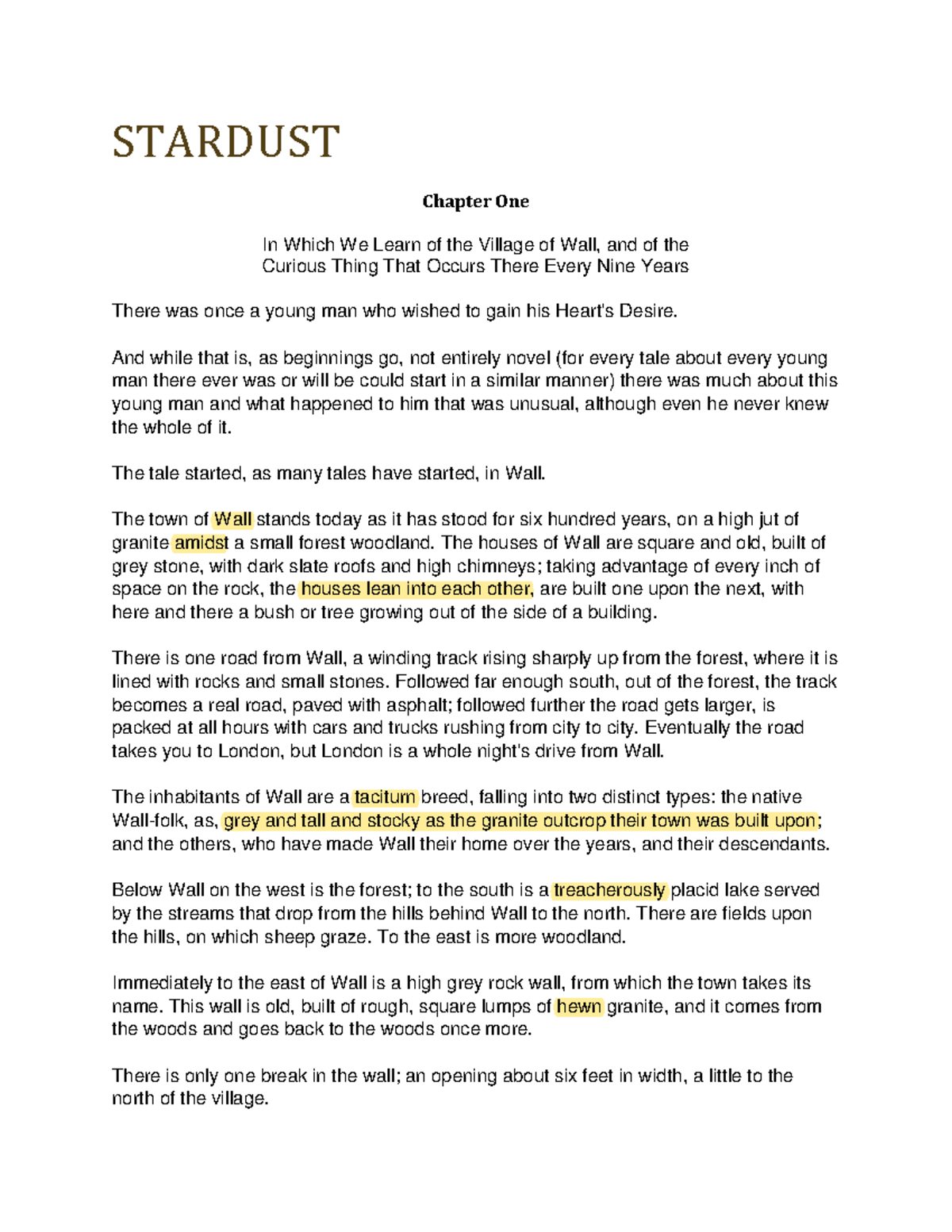 Gaiman STARDUST Chapter One Excerpt: The Village of Wall - Studocu
