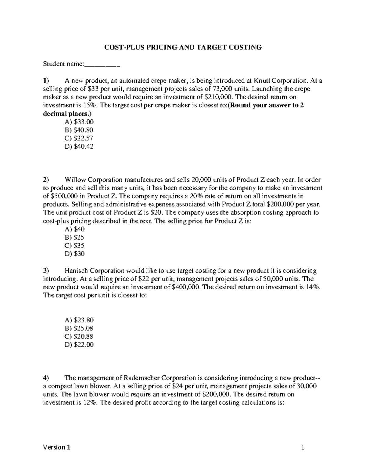 MCQs- Cost-Plus Pricing & Target Costing Analysis - Document Preview
