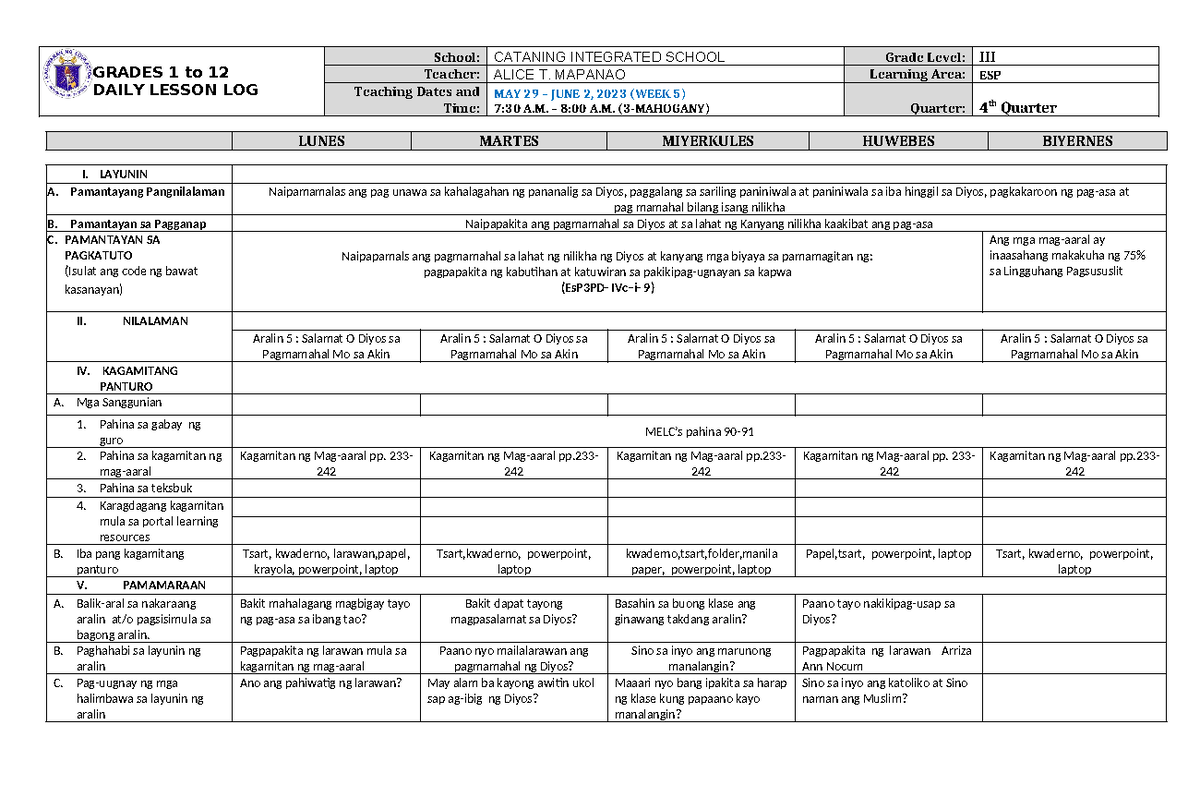 DLL ESP 3 Q4 W5 - Daily Lesson Plan for Grade 3 - Studocu