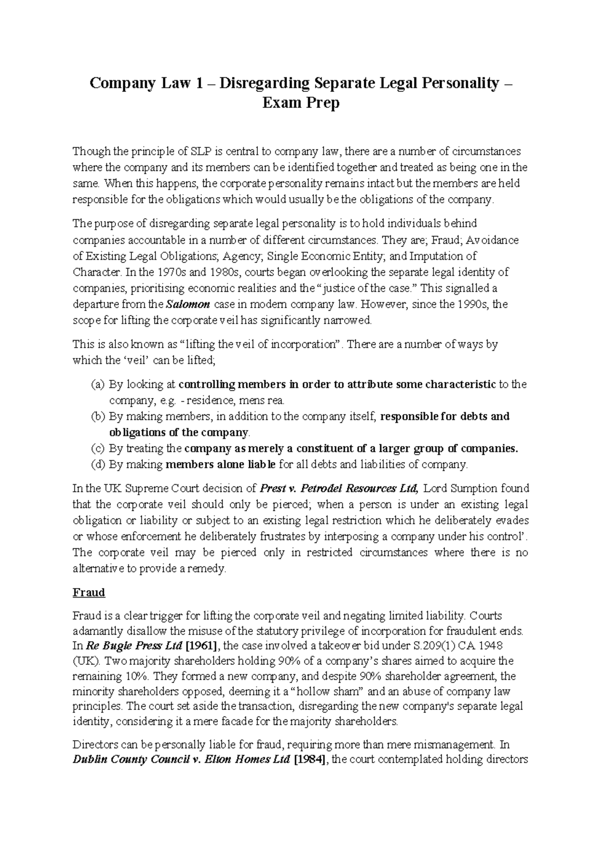 Company Law 1 - Disregarding Separate Legal Personality Exam Notes ...
