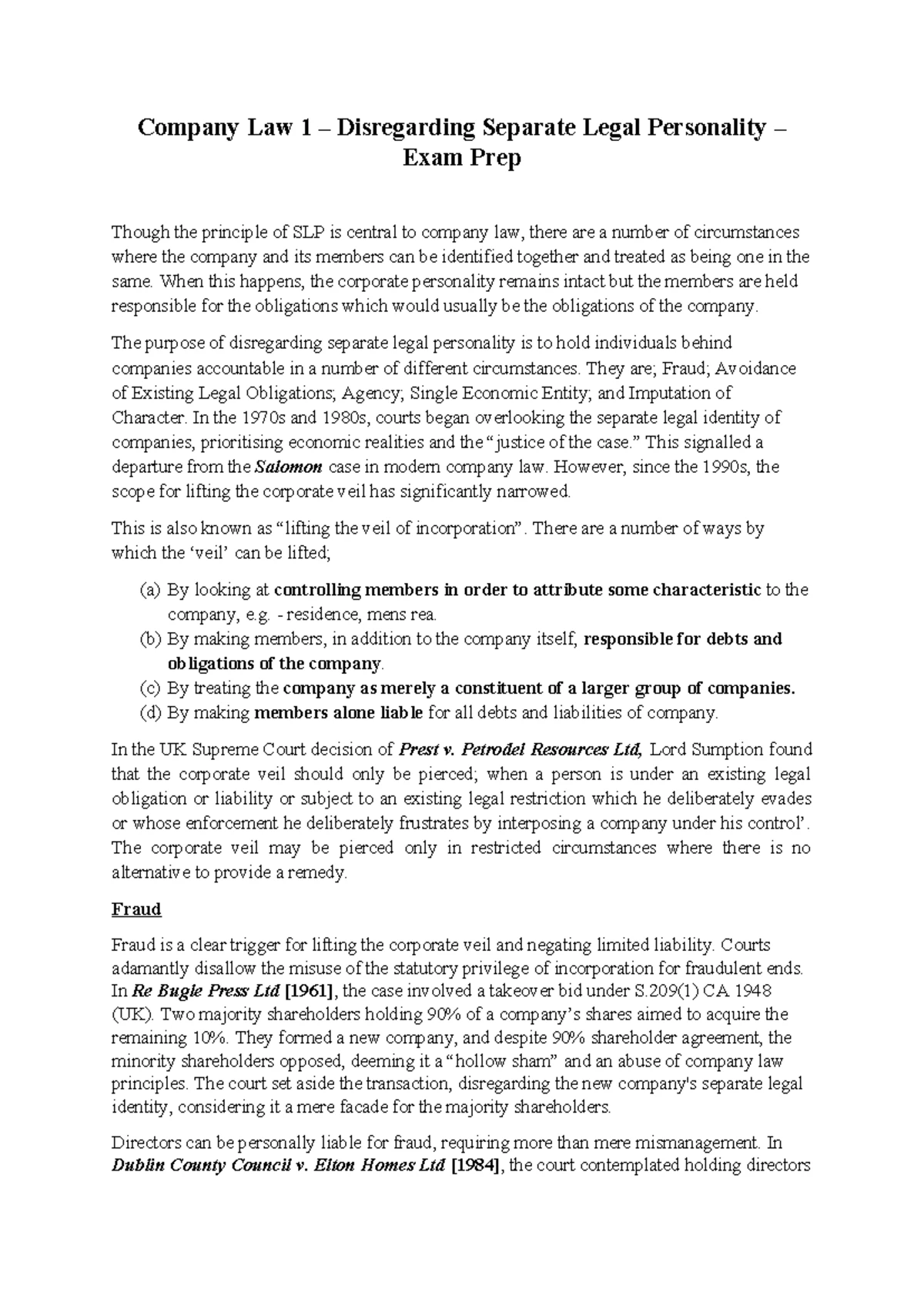 Separate Legal Personality and its Consequences - LW 229 Company Law 1 ...