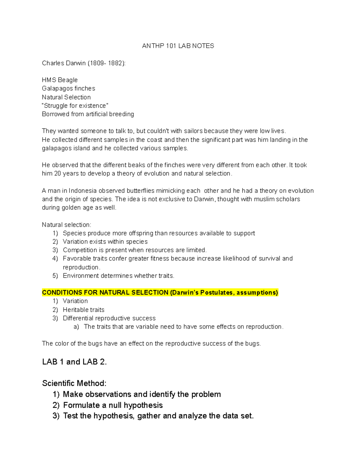 ANTHP 101 Lab Notes: Darwin's Natural Selection & Evolution Insights ...
