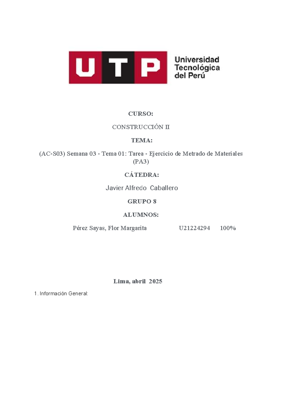 Construcción II - Tarea Ejercicio de Metrado de Materiales (PA3) - Document Preview