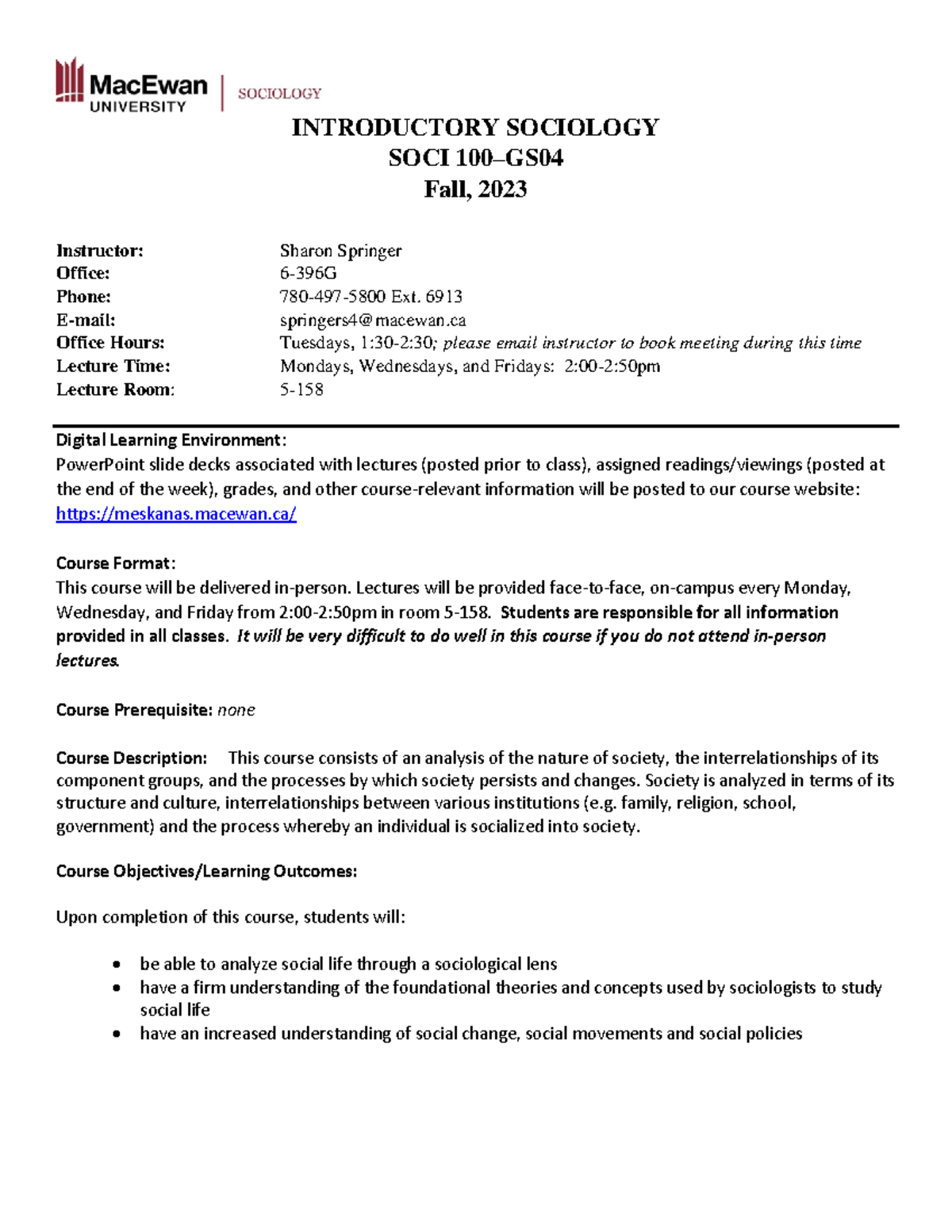SOCI 100 Fall 2023 Introductory Sociology Course Syllabus - Studocu