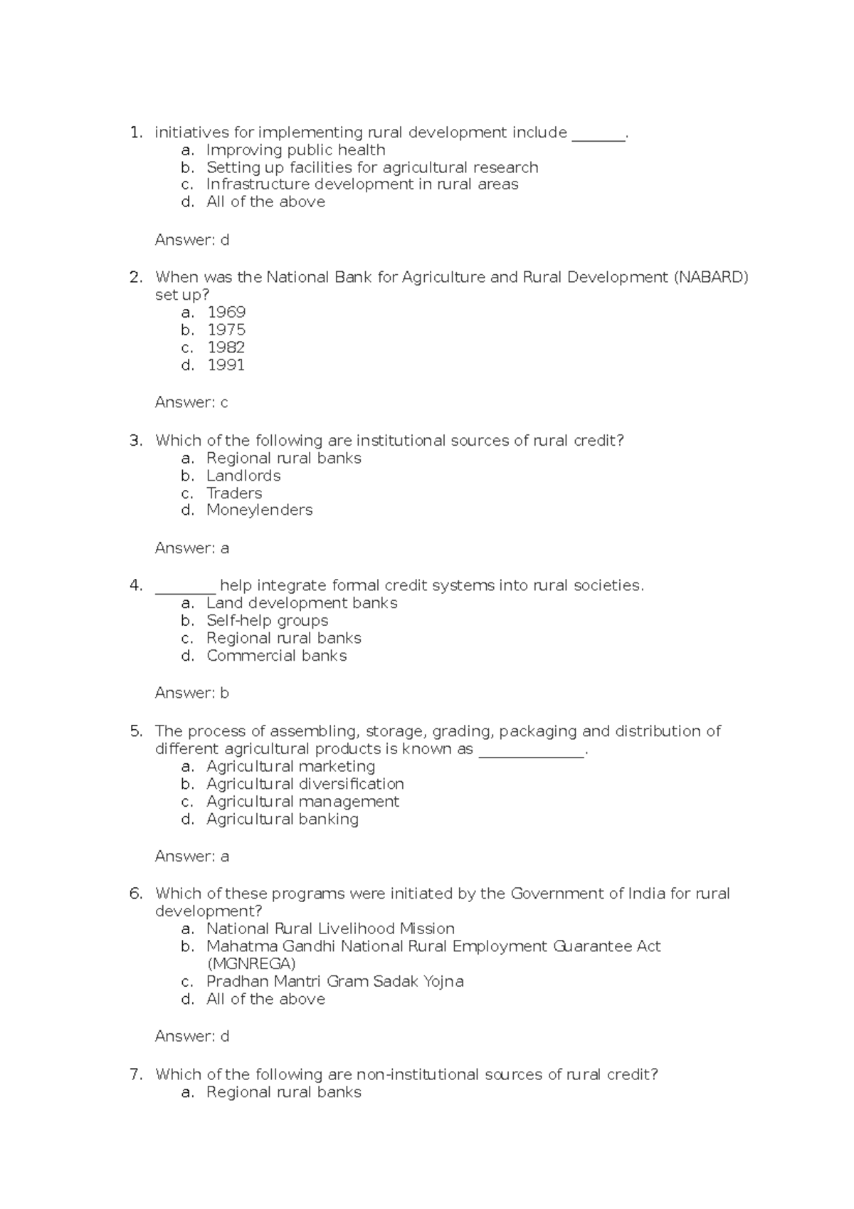 Rural Development Quiz - Key Initiatives & Challenges (Course Code ...