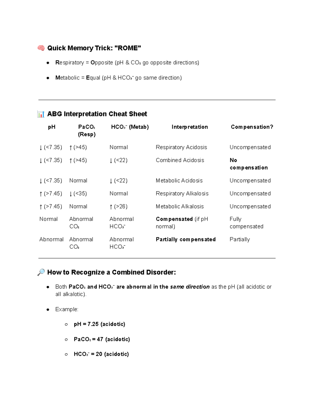 ABG Interpretation Cheat Sheet: Respiratory & Metabolic Disorders - Studocu