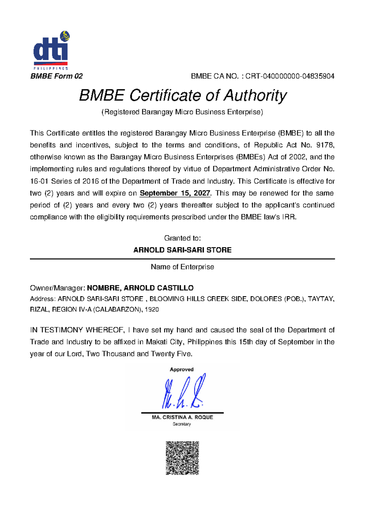 BMBE Certificate of Authority (CRT-040000000-04835904) - Studocu