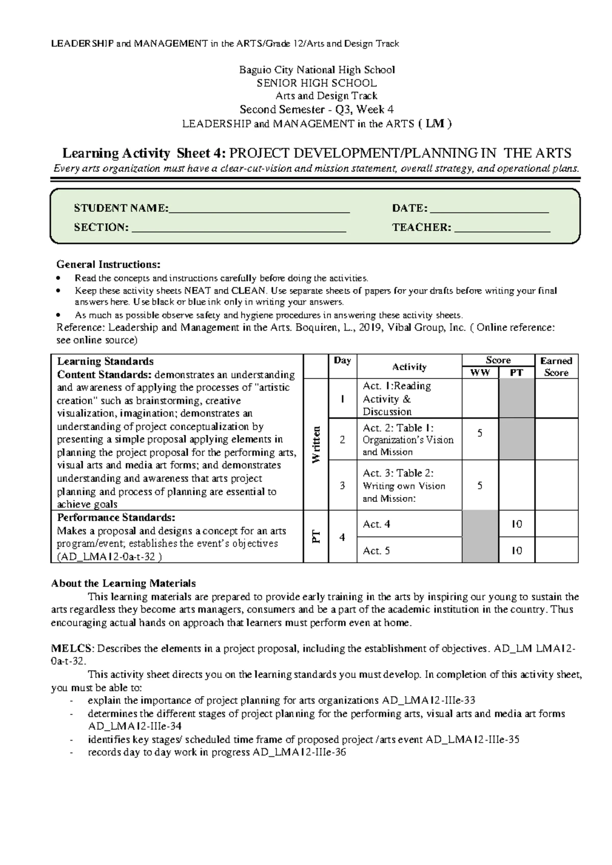 Q3 W56 Learning Activity Sheet 5: Managing People in the Arts - Studocu