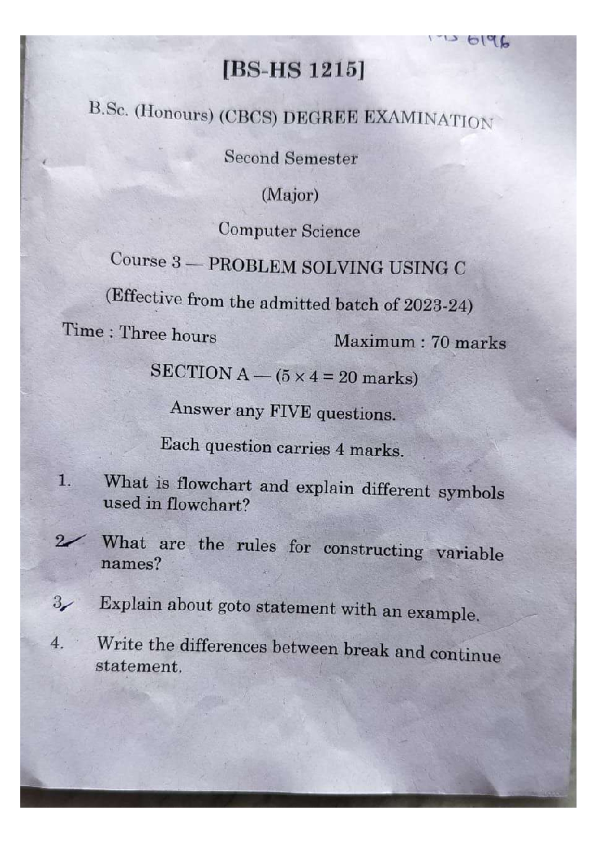 6196 B.Sc. (Hons) C.S. 2nd Sem Problem Solving Using C Exam QP 2025 ...
