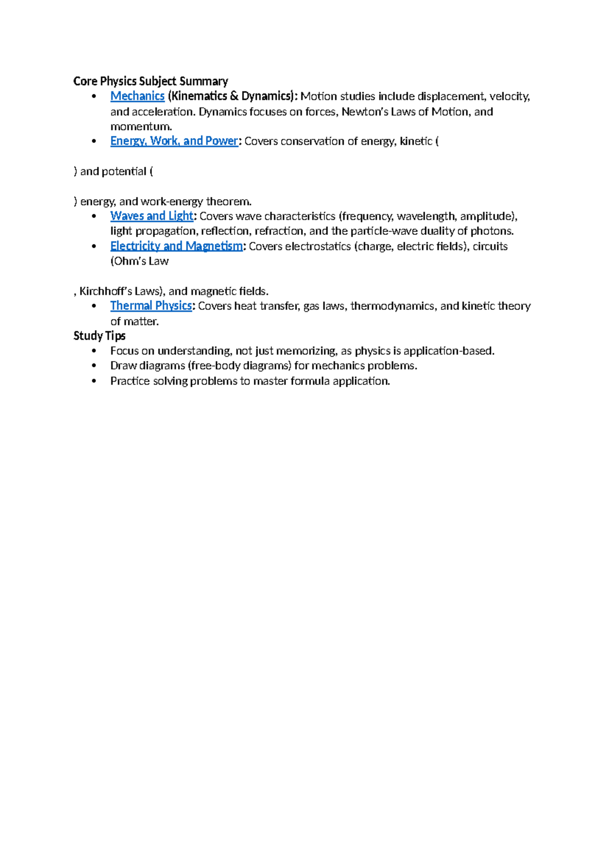 Core Physics Summary: Mechanics, Waves, Electricity & Thermodynamics ...