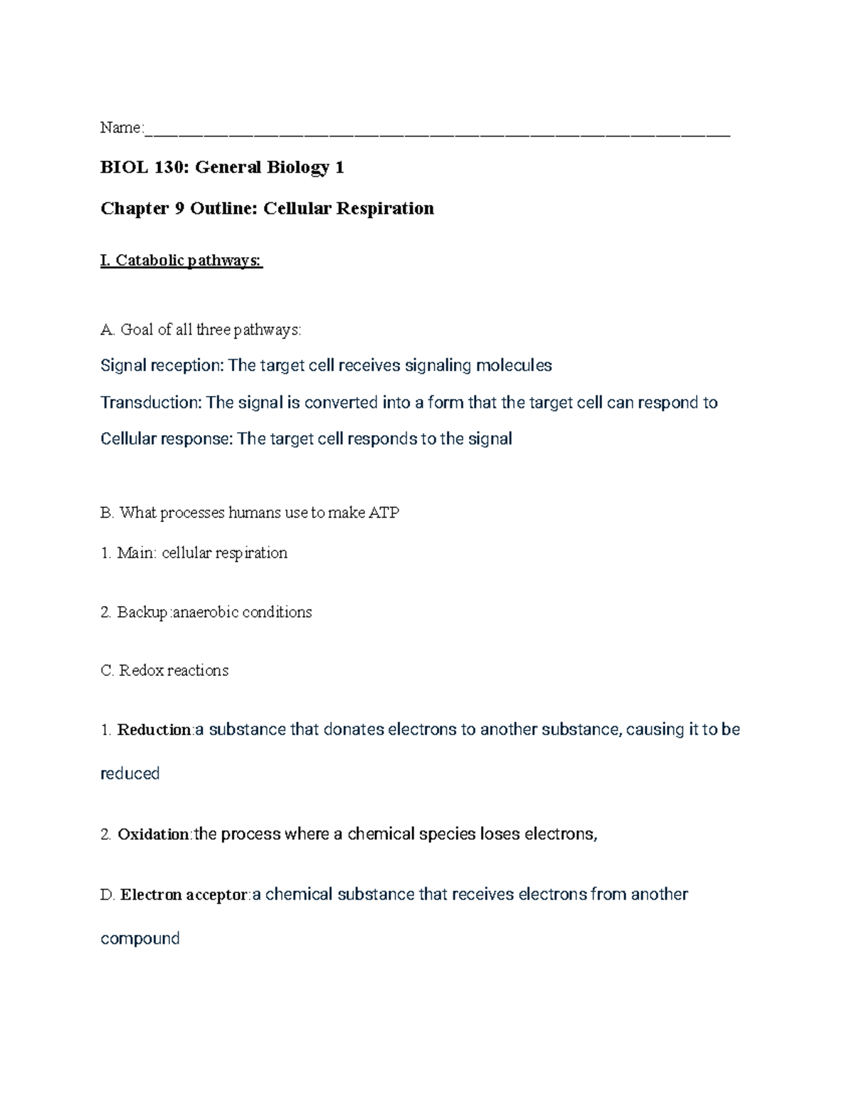 BIOL 130: Final Exam Chapter 9 Outline - Cellular Respiration - - Studocu