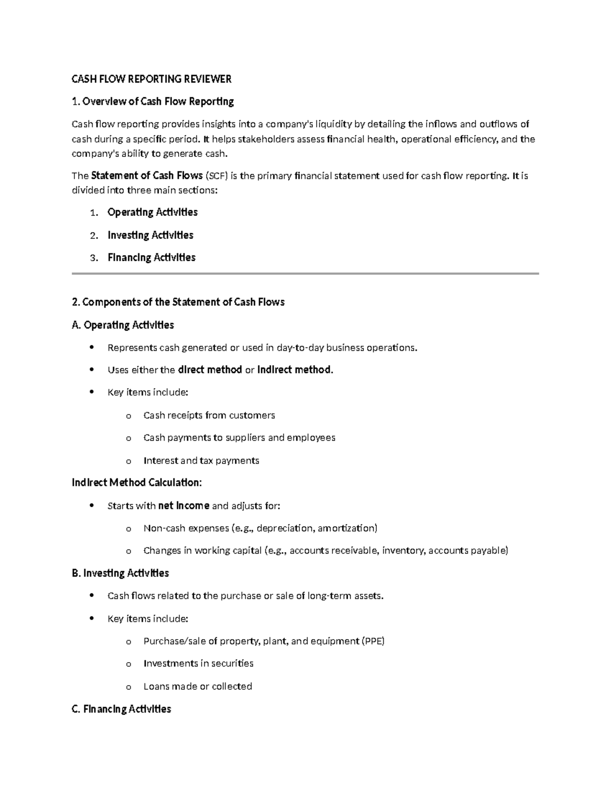 CASH FLOW Reporting Overview & Methods - Review Document - Studocu