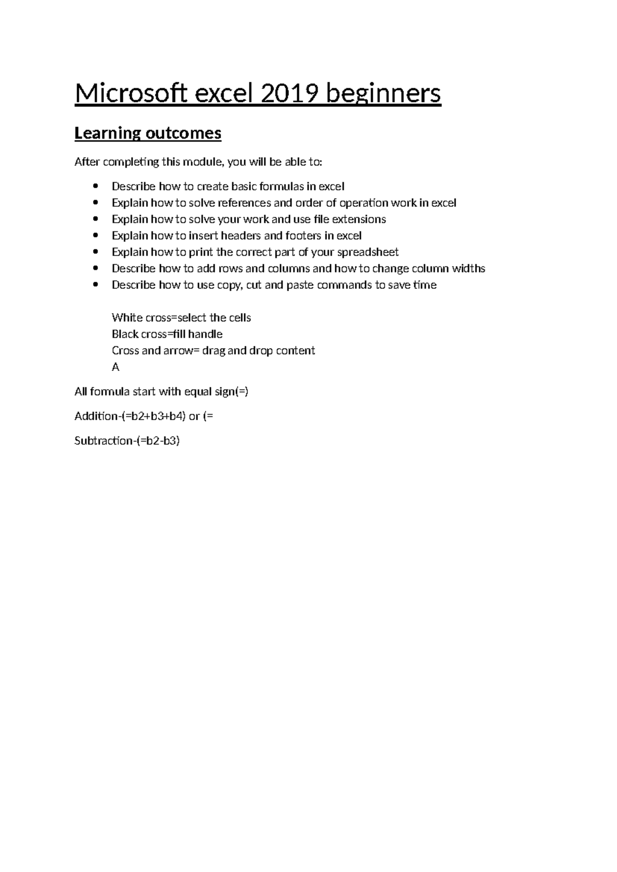 Excel 2019 Beginners: Key Learning Outcomes and Skills - Studocu