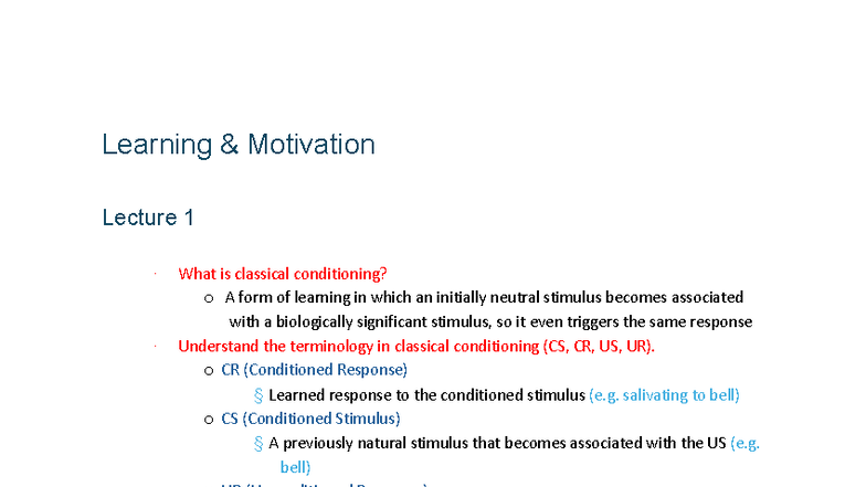 PSYC1002 - Learning & Motivation Lecture Notes on Conditioning and ...