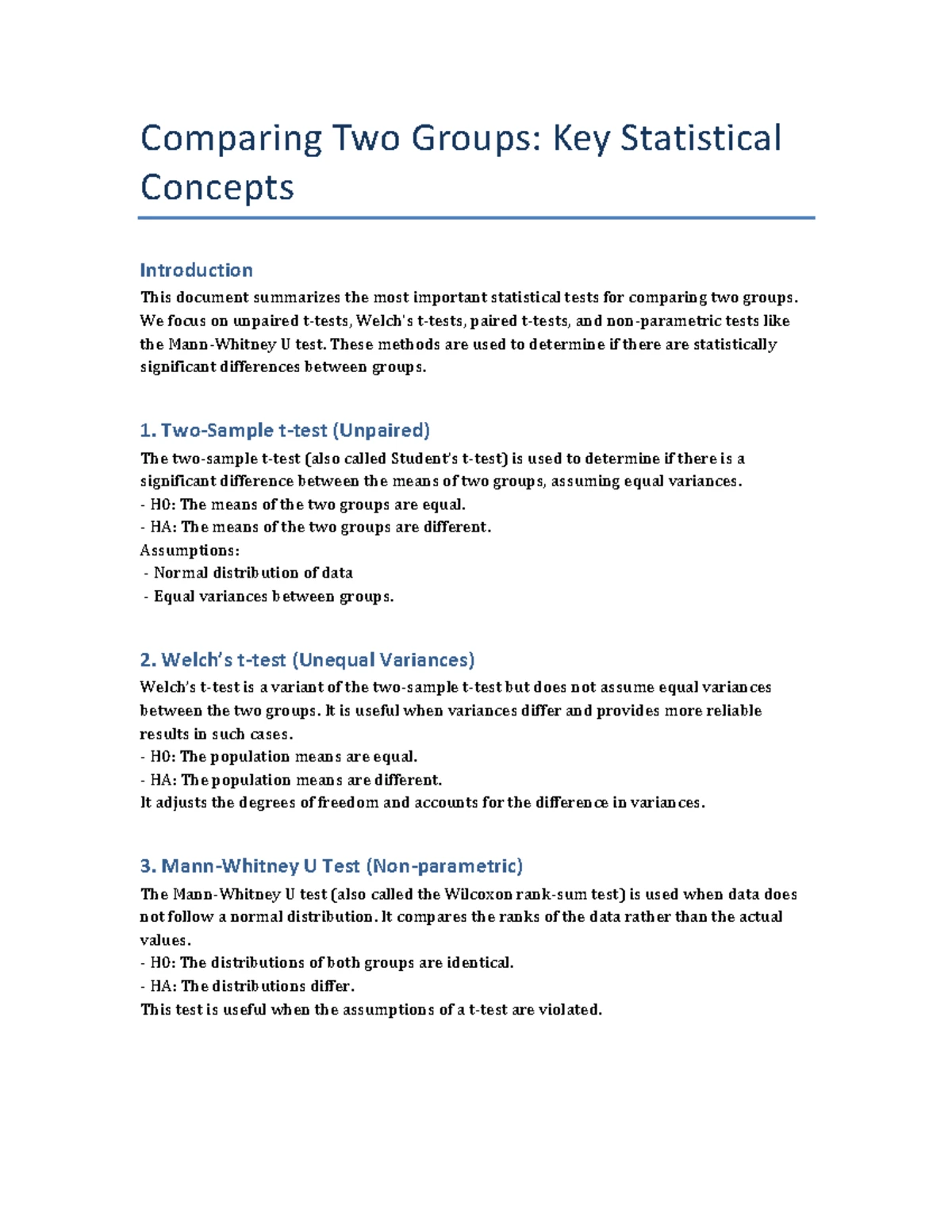 Comparing Two Groups: Key Statistical Tests Study Guide - Studocu