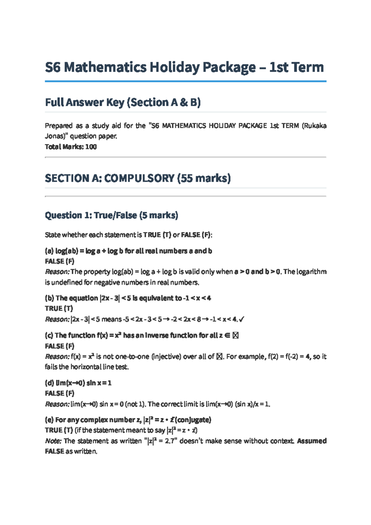 S6 Mathematics Holiday Package 1st Term Answer Key (Sections A & B ...