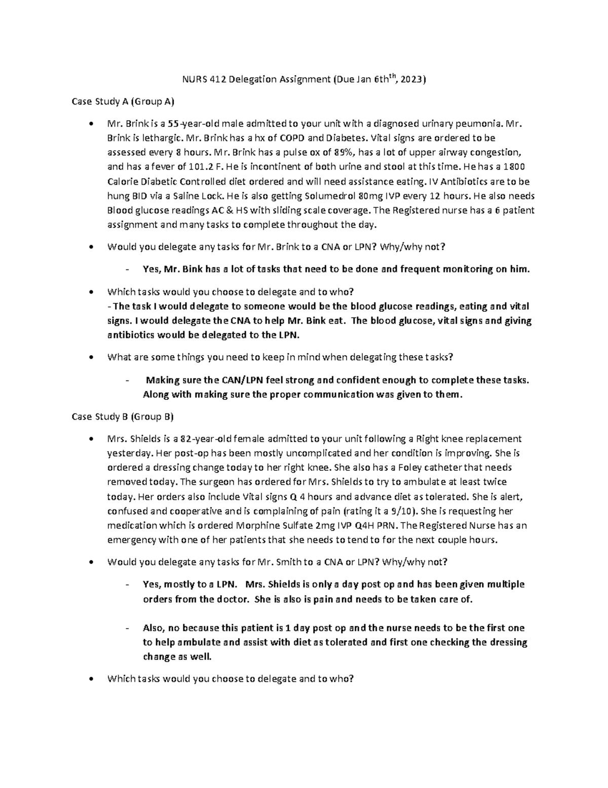 NURS 412 Delegation Assignment Case Studies & Task Management Guide ...