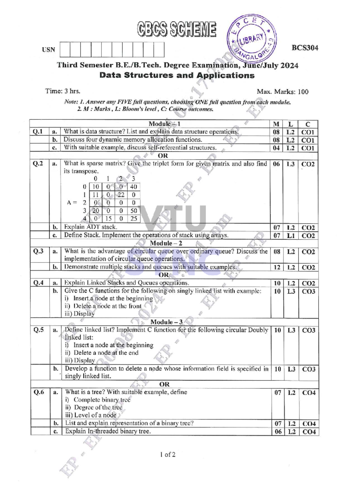 BCS304 DSA June-July 2024: Data Structures Exam Question Paper - Studocu