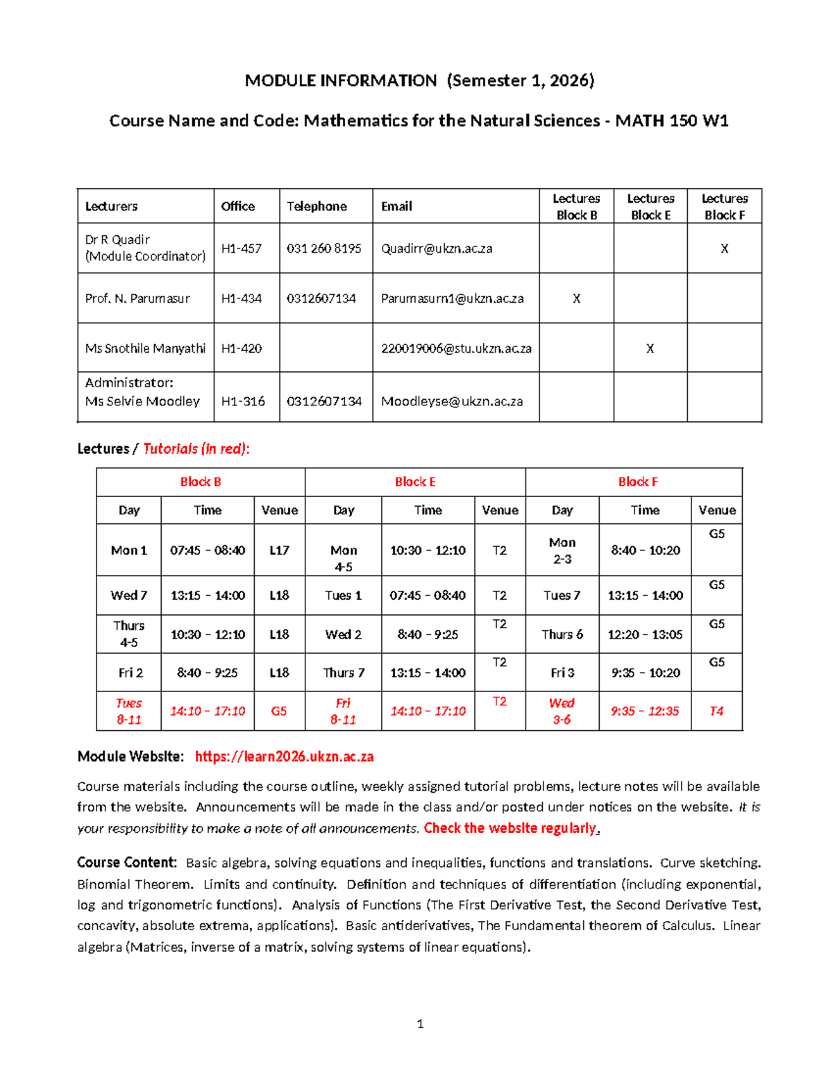 MATH 150 W1 Course Info & Schedule for Semester 1, 2026 - Studocu