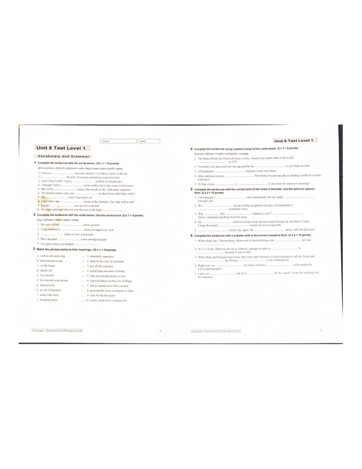 Unit 6 Test Level 1 - Grammar and Vocabulary Practice Tasks - Studocu