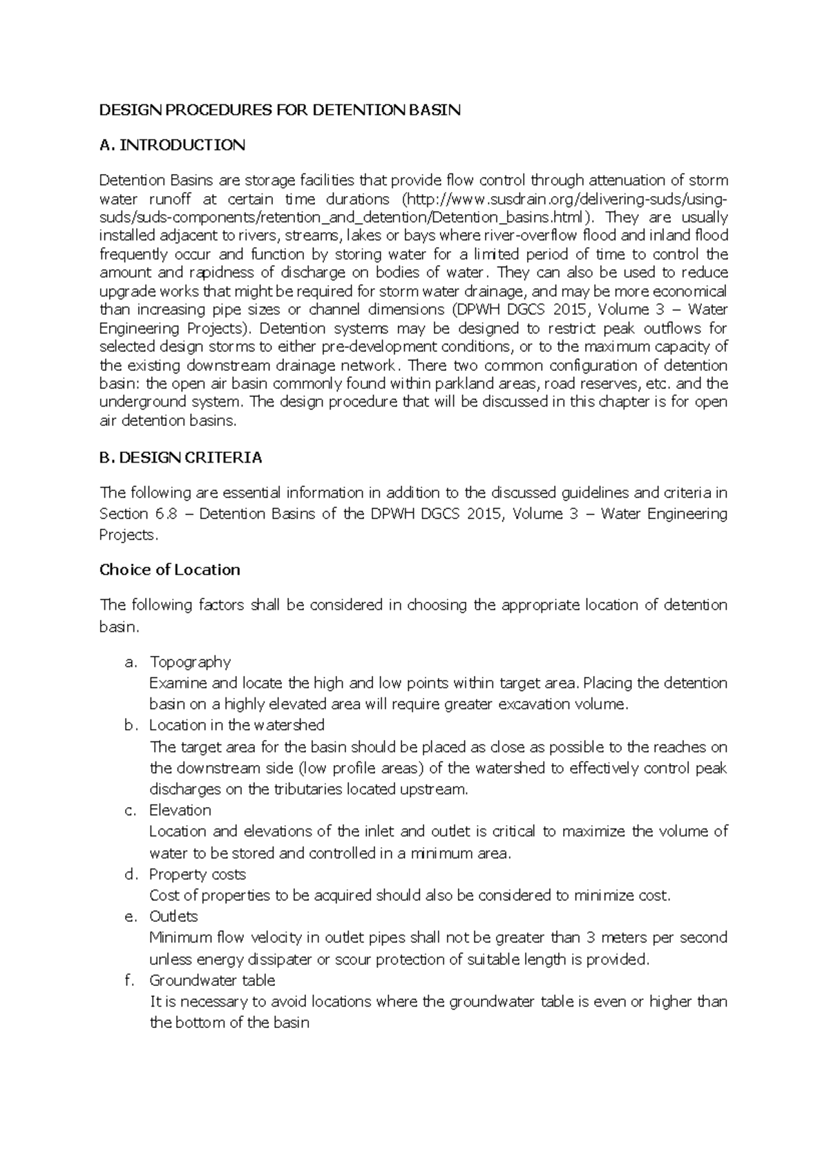 Detention Basin Design - LECTURE NOTES (ENG 301) - Studocu